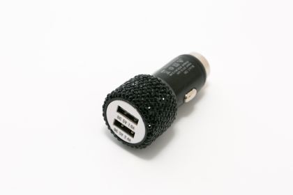 2.4A Dual Port Car Mobile Phone Charger With One For Two Diamond-Inlaid Dual Usb Car Charger Travel Car Charging Head (Color: Black)